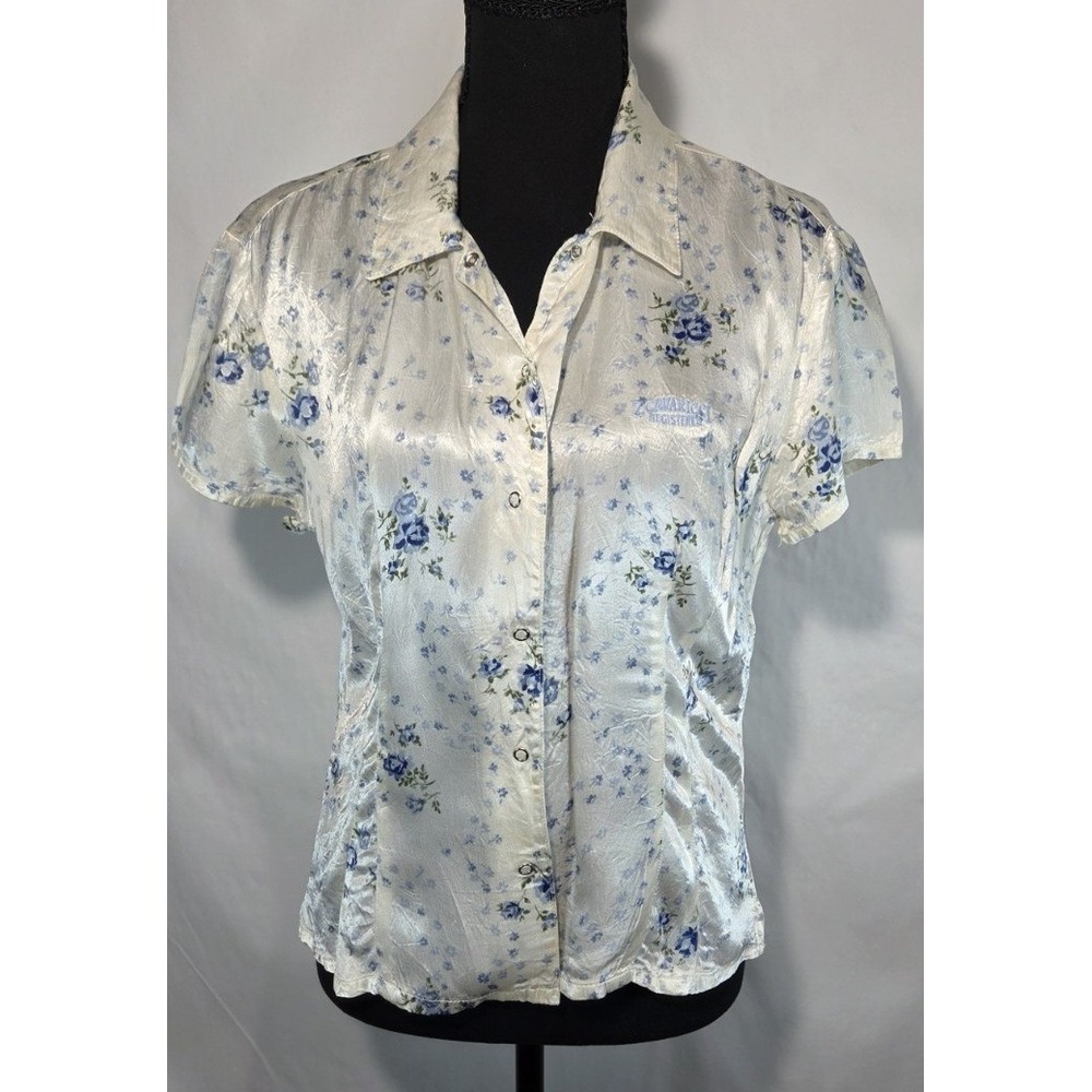 Vintage 90s Z. Cavaricci Blue White Floral Snap Button Blouse Top Liquid Silk LG